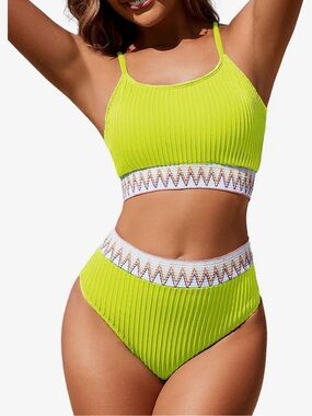 Lily Neon Yellow Ribbed Cutout One-Piece Bikini with Zigzag Waistband